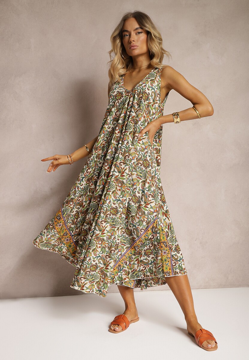 Zielono-Beżowa Sukienka z Wiskozy o Rozkloszowanym Kroju Bez Rękawów Fradea