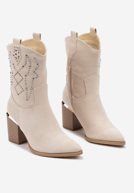 Beżowe Botki na Słupku w Stylu Kowbojek Irilianne