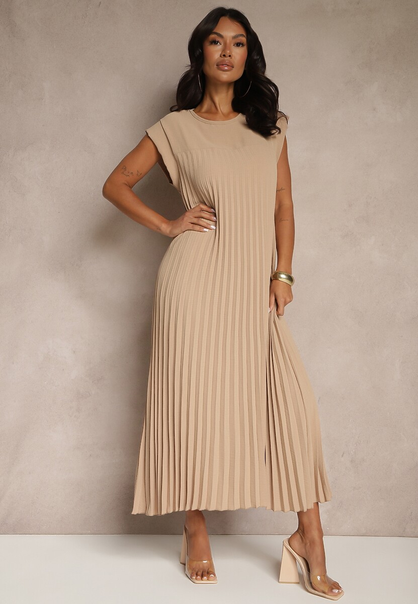 Beżowa Sukienka Ozdobiona Plisami Mavellea