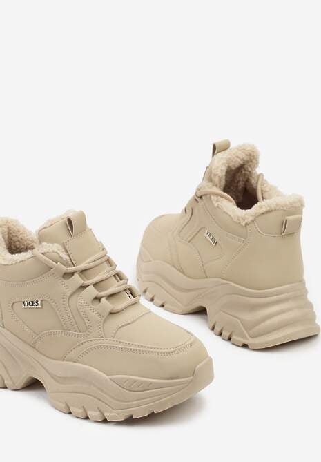 Ciemnobeżowe Streetwearowe Sneakersy Vices Chunky w Stylu Traperów na Platformie Leate