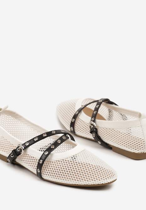 Białe Balerinki z Siateczki w Stylu Mary Jane z Podwójnym Paskiem Felritia