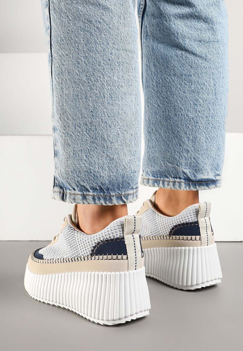 Niebiesko-Beżowe Sneakersy na Tłoczonej Platformie z Ozdobnymi Przeszyciami Faloviela