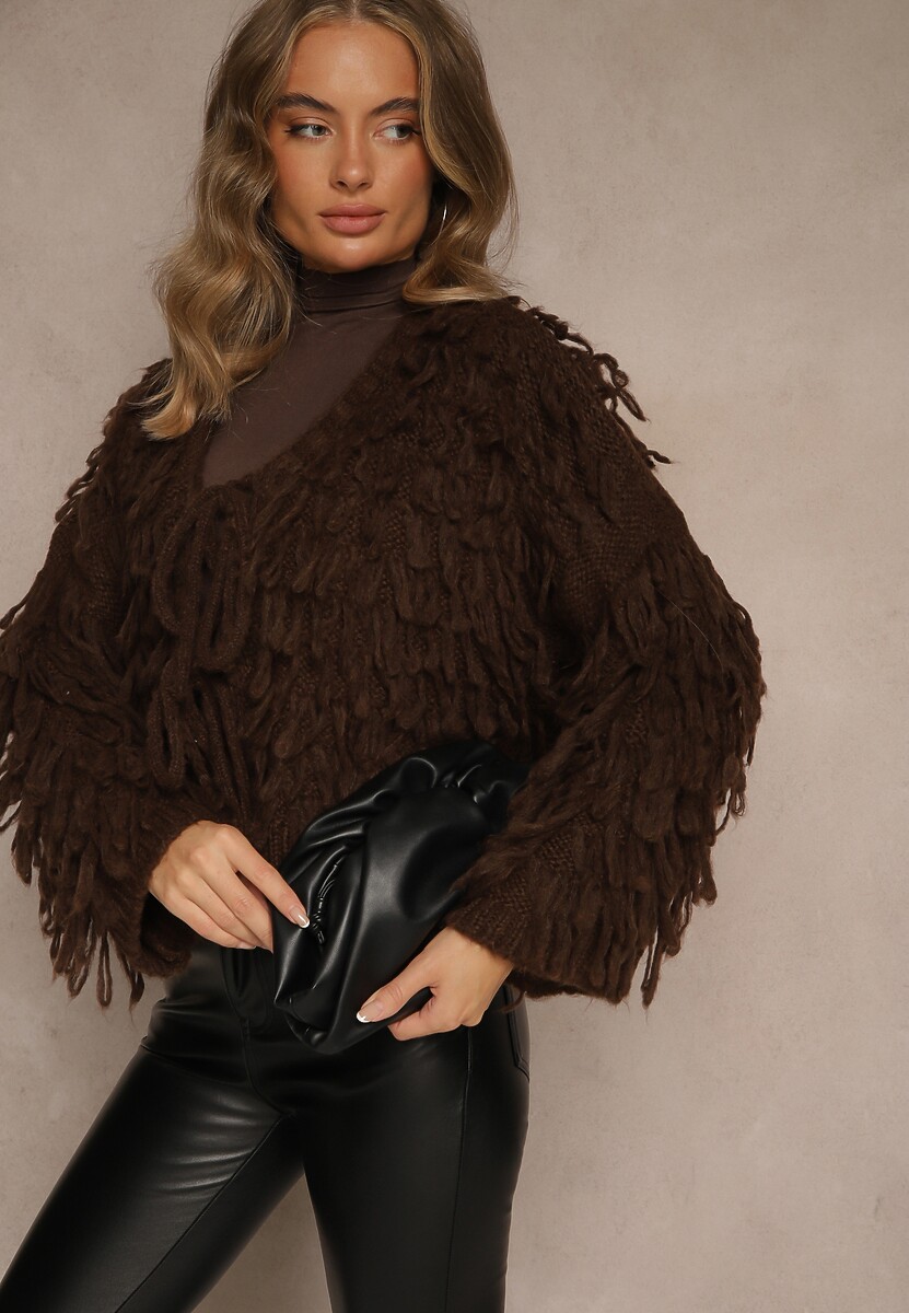 Brązowy Kardigan z Wiązaniem i Frędzlami z Domieszką Wełny i Wiskozy Tiseana