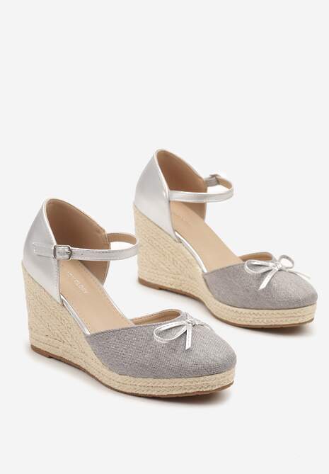 Szare Sandały z Plecionką na Koturnie w Stylu Espadryli z Kokardką Zilara