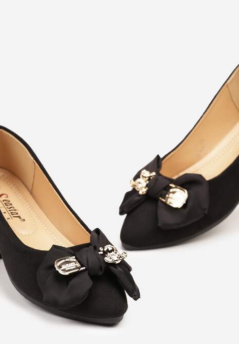Czarne Eleganckie Balerinki z Kokardką i Metaliczną Klamrą Kleveni