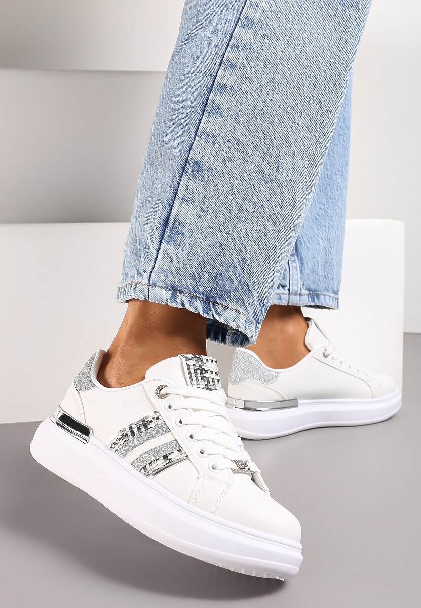 Biało-Szampańskie Sneakersy na Niewysokiej Platformie z Brokatowymi Wstawkami Renallsa