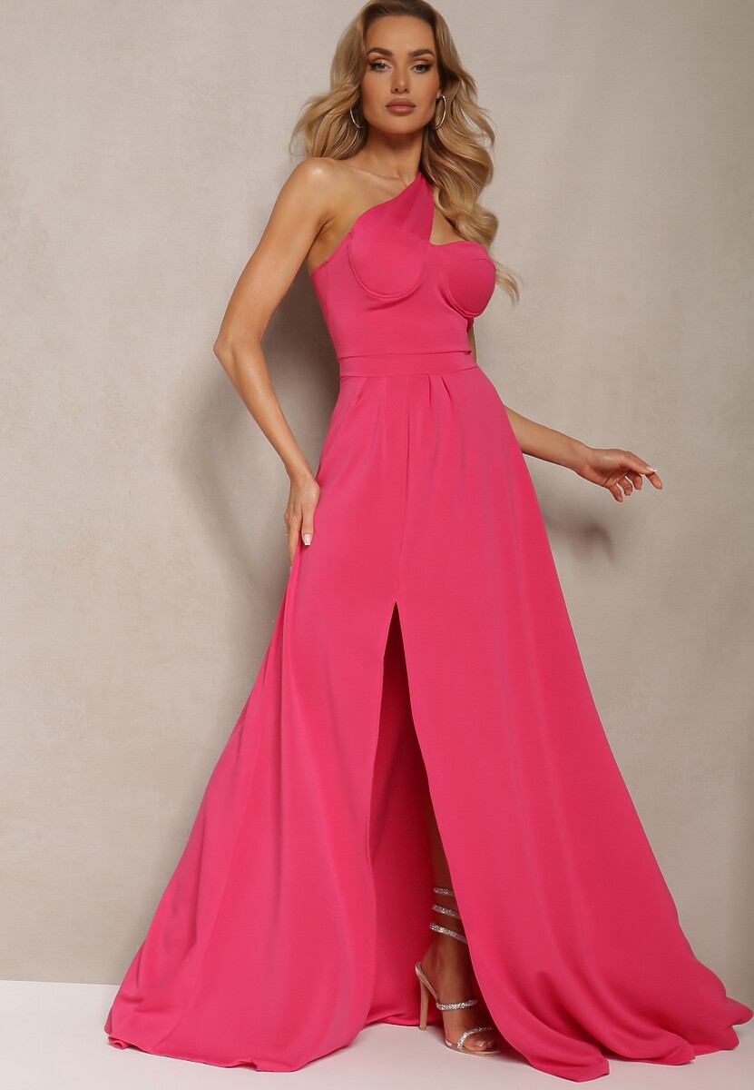 Fuksjowa Sukienka o Rozkloszowanym Kroju na Jedno Ramię z Głębokim Rozcięciem Efiela