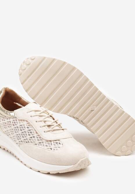 Beżowe Ażurowe Sneakersy na Podeszwie z Metaliczną Wstawką Neomira