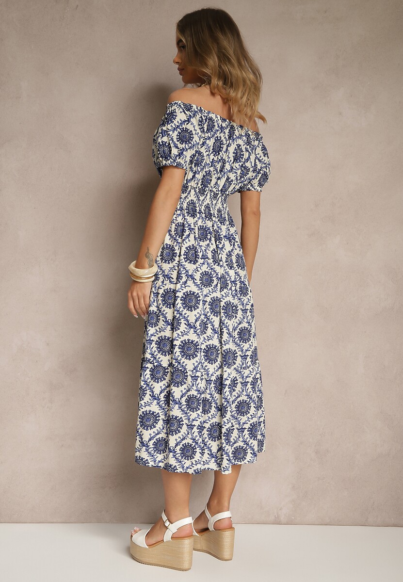 Niebieska Sukienka z Bawełną Ozdobiona Bufiastymi Rękawami Revalle