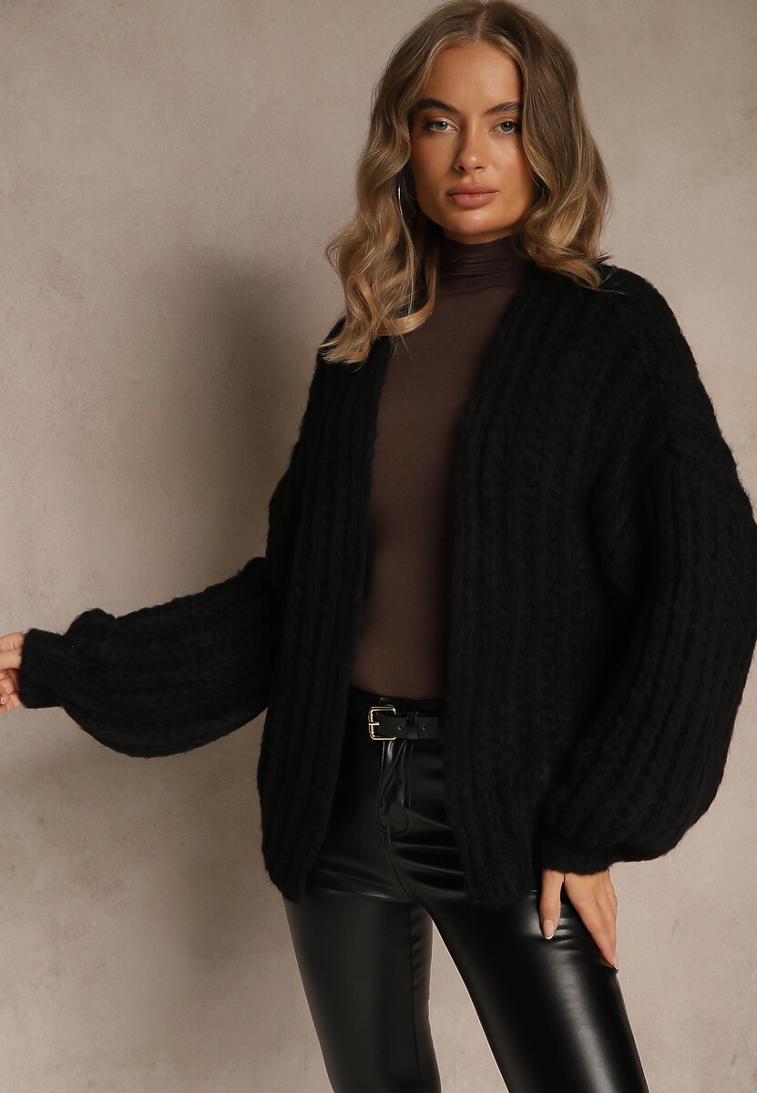 Czarny Oversizowy Kardigan Bez Zapięć z Dodatkiem Wełny i Wiskozy Titanesa