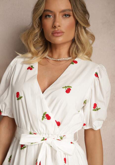 Biała Sukienka z Bawełny w Wisienki z Gumką w Talii Axona