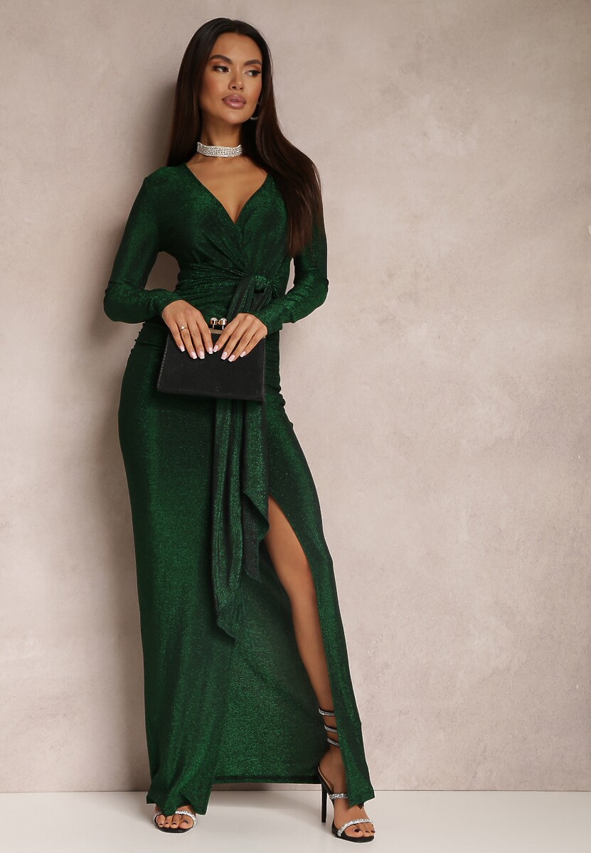 Różowa Sukienka z Kopertowym Dekoltem Błyszcząca z Marszczeniem Umoria