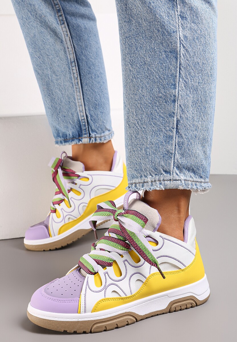 Żółto-Fioletowe Sneakersy Ozdobione Brokatem z Oryginalnym Sznurowaniem Patricie