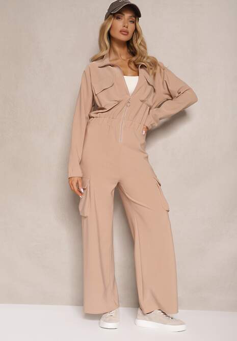 Ciemnobeżowy Kombinezon w Stylu Utility Taliowany Liarael