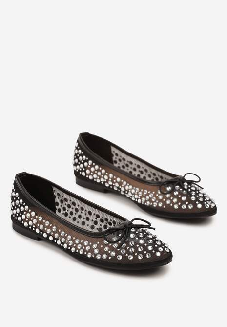 Czarne Siateczkowe Balerinki Zdobione Cyrkoniami i Kokardką Revia