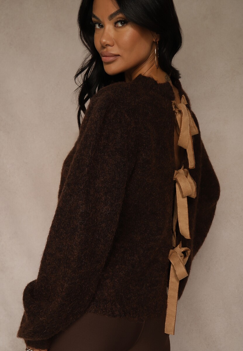 Brązowy Kardigan z Wełną Zdobiony Bufiastymi Rękawami i Wiązaniem na Plecach Tusfina