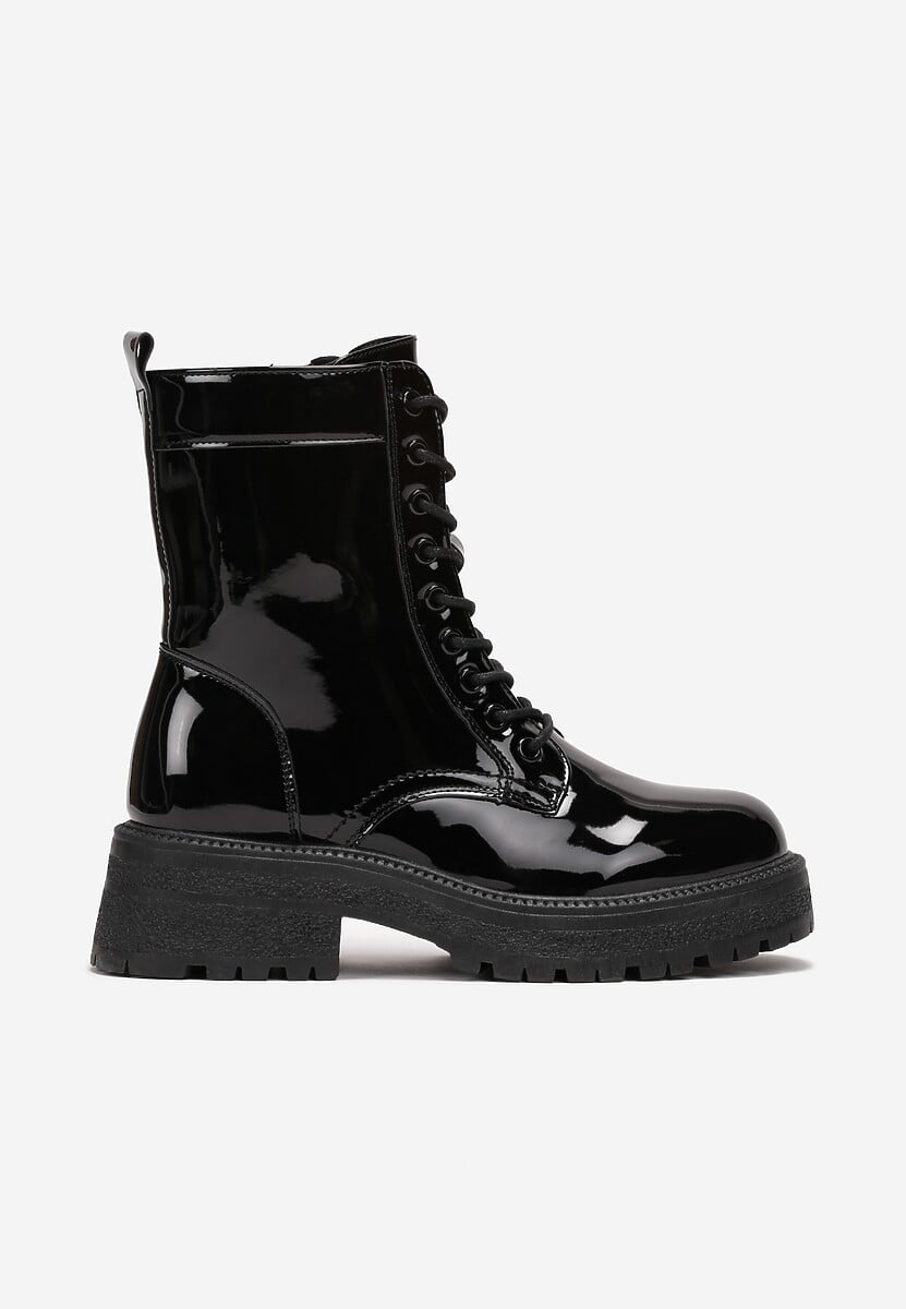 Czarne Botki Workery z Lakierowaną Cholewką Nouria