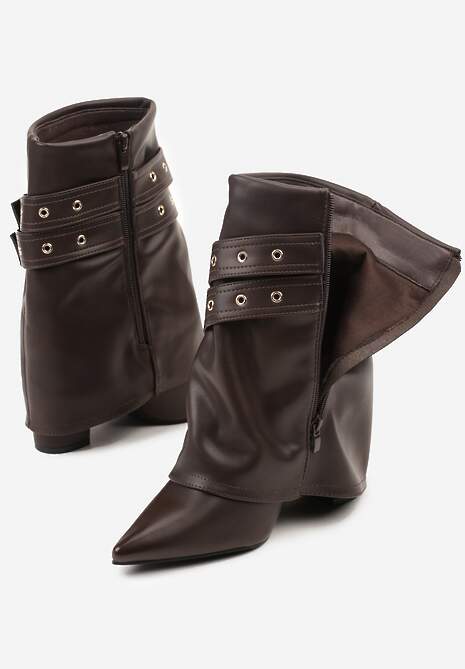 Brązowe Botki Kowbojki na Słupku Ozdobione Klamrami i Wywiniętą Cholewką Codvire