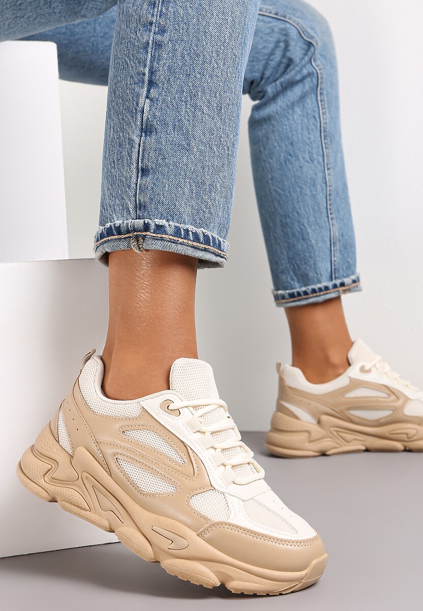 Ciemnobeżowe Sneakersy na Grubej Podeszwie ze Wstawkami Tula