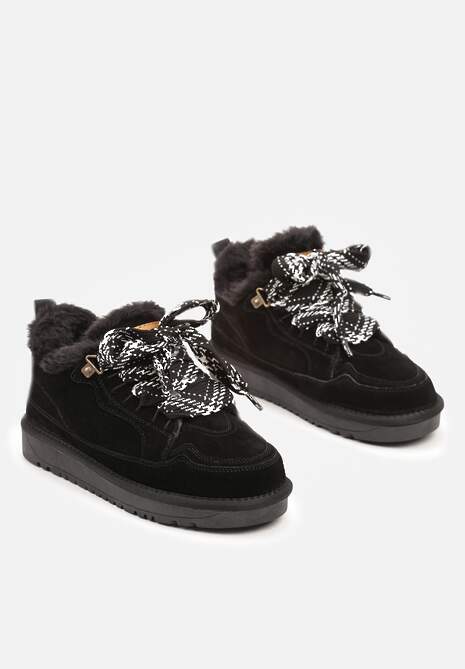 Czarne Śniegowce Typu Sneakersy ze Skóry Naturalnej Wyściełane Futerkiem Venalise