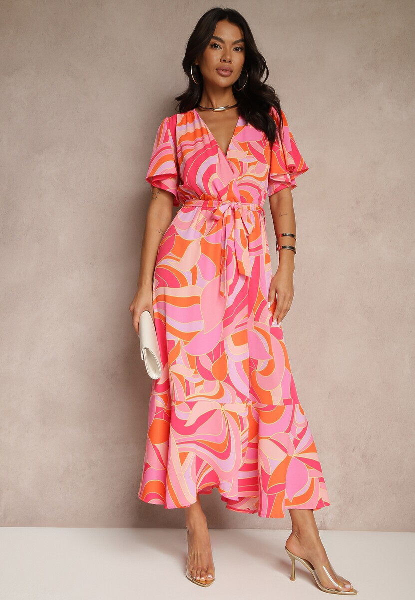 Czerwona Kopertowa Sukienka o Rozkloszowanym Kroju z Wiązanym Paskiem Zarelara