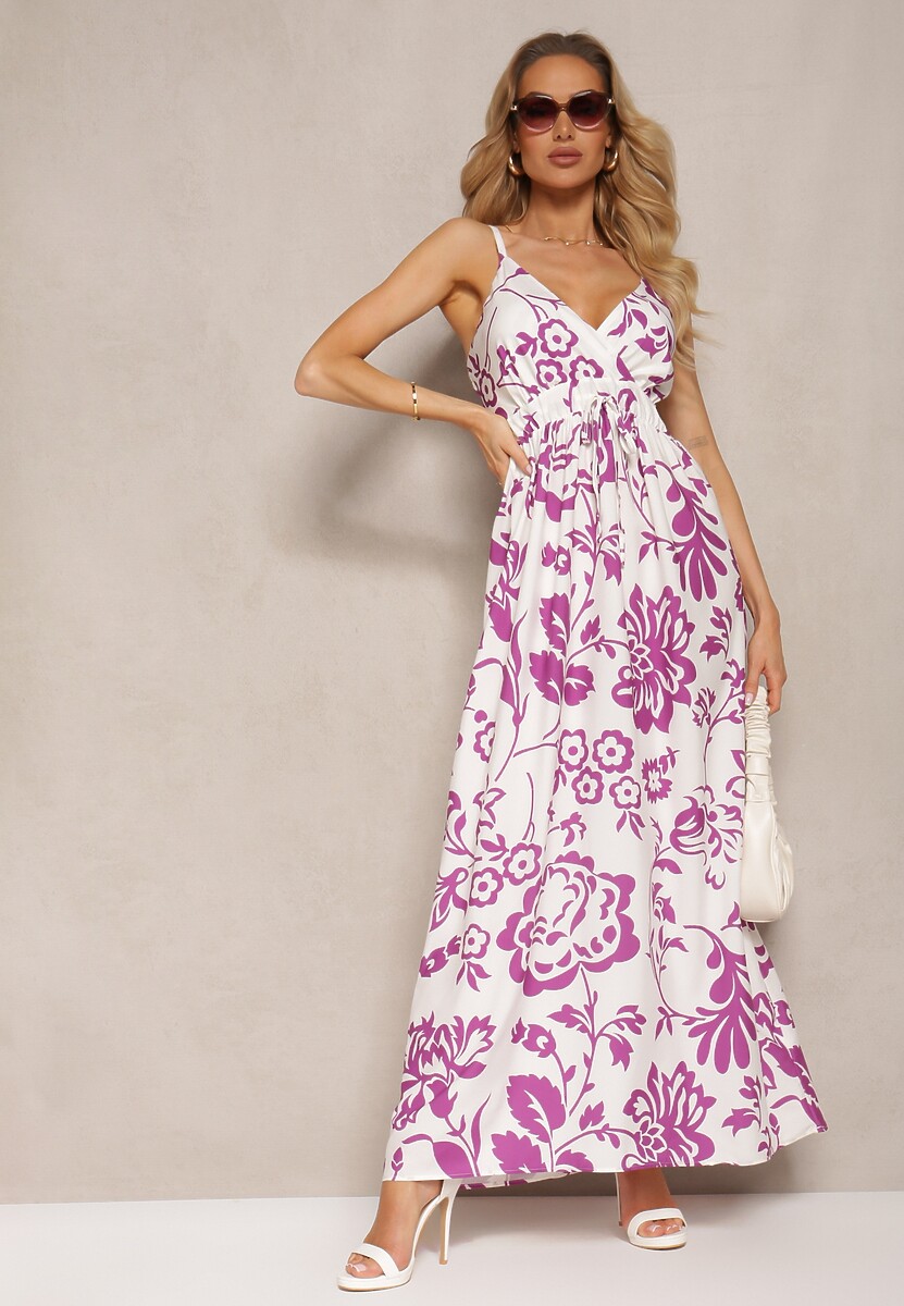 Fioletowo-Biała Sukienka z Gumkami na Plecach Ściągana w Talii z Regulowanymi Ramiączkami Falora