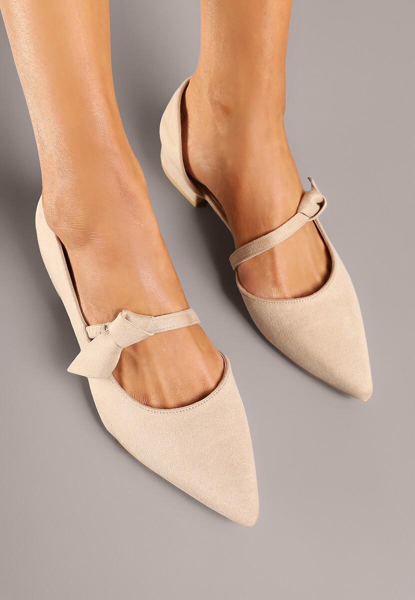 Beżowe Czółenka Vices na Płaskiej Podeszwie ze Skórzaną Wkładką z Supełkiem Liliarine