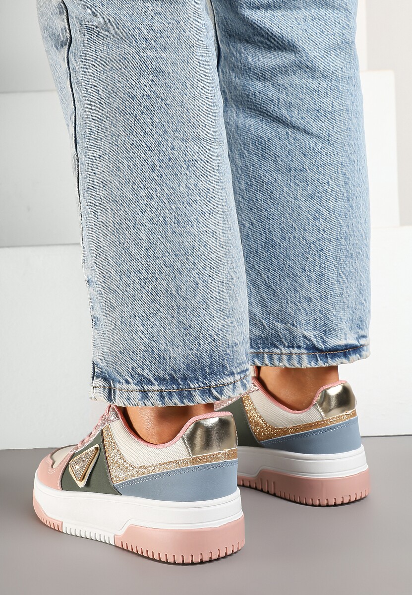 Różowo-Zielone Sneakersy z Perforacją Cyrkoniami i Brokatem Tillidara