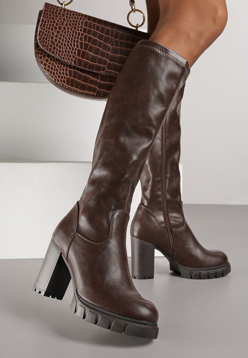 Czarne Kozaki na Słupku i Platformie z Dopasowaną Cholewką Latallea