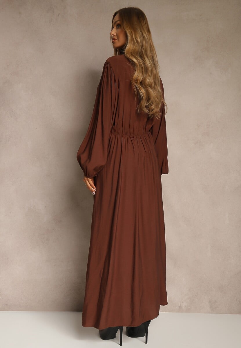Brązowa Kopertowa Sukienka z Wiskozą z Wiązanym Paskiem w Talii Fezalia