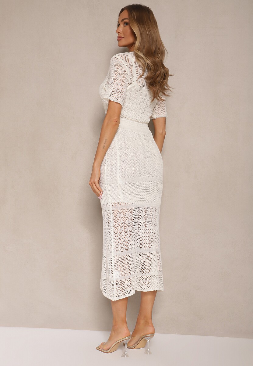 Jasnobeżowa Taliowana Sukienka z Wiskozą z Ażurowym Wzorem Anelvia