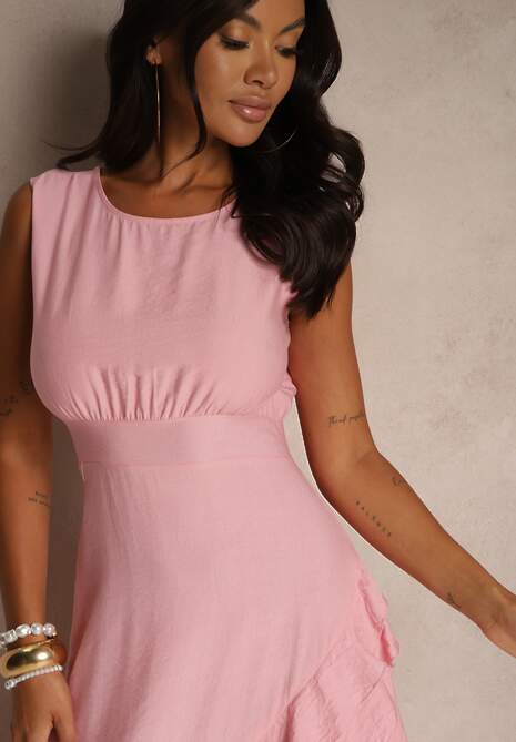 Różowa Sukienka z Wiskozą Ozdobiona Falbanami Doloritia