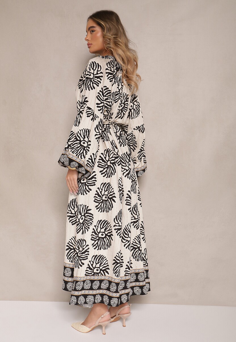 Czarna Sukienka Oversize z Wiskozy z Paskiem Zdobiona Etnicznym Printem Velsekia