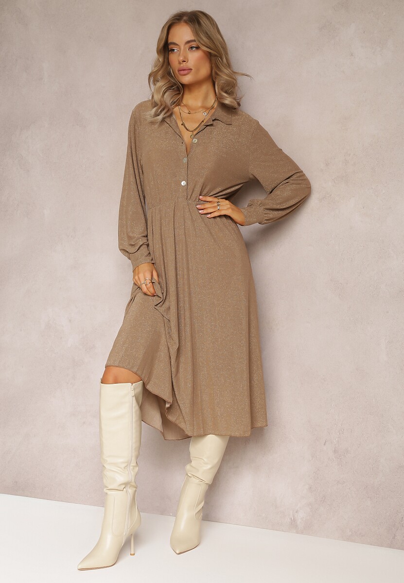 Zielona Sukienka z Kołnierzykiem i Plisowanym Dołem Zade