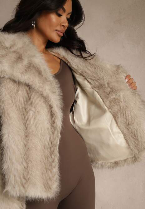 Beżowa Kurtka Futerko Ozdobione Cieniowanym Motywem Monideva