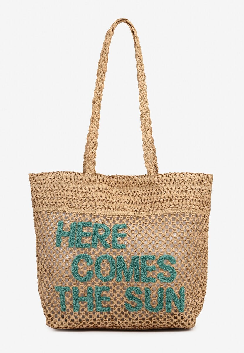 Beżowa Torebka Shopper z Plecionki z Napisem Ulolanea