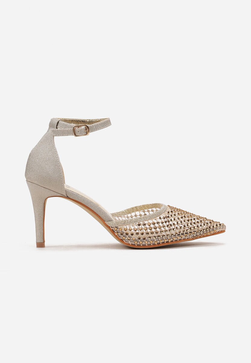 Złote Sandały na Szpilce ze Szpiczastym Noskiem z Siateczką w Cyrkonie Lioffa