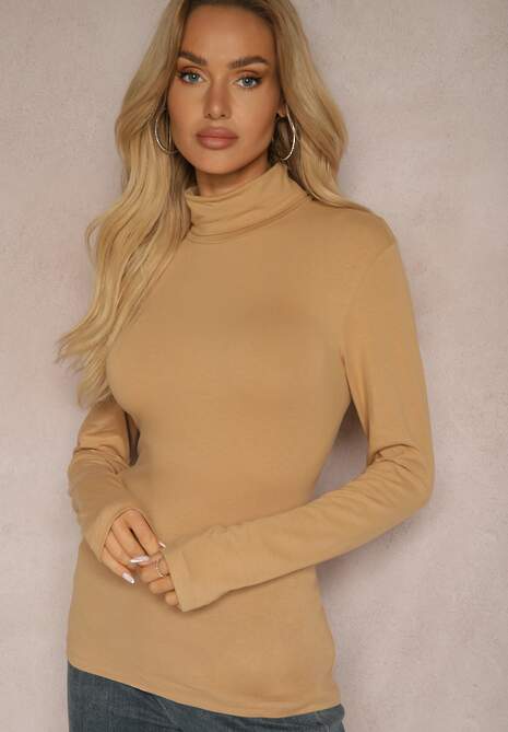 Ciemnobeżowa Bluzka z Bawełny z Golfem Nerisja