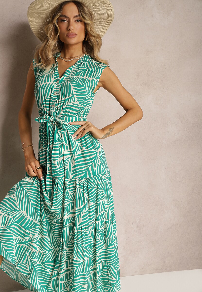 Zielona Rozkloszowana Sukienka z Wiskozy z Gumką w Pasie i Krótkim Rękawem Vienessa