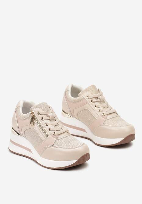 Beżowe Sneakersy na Koturnie Ozdobione Zamkiem Błyskawicznym i Metaliczną Wstawką Ellieti