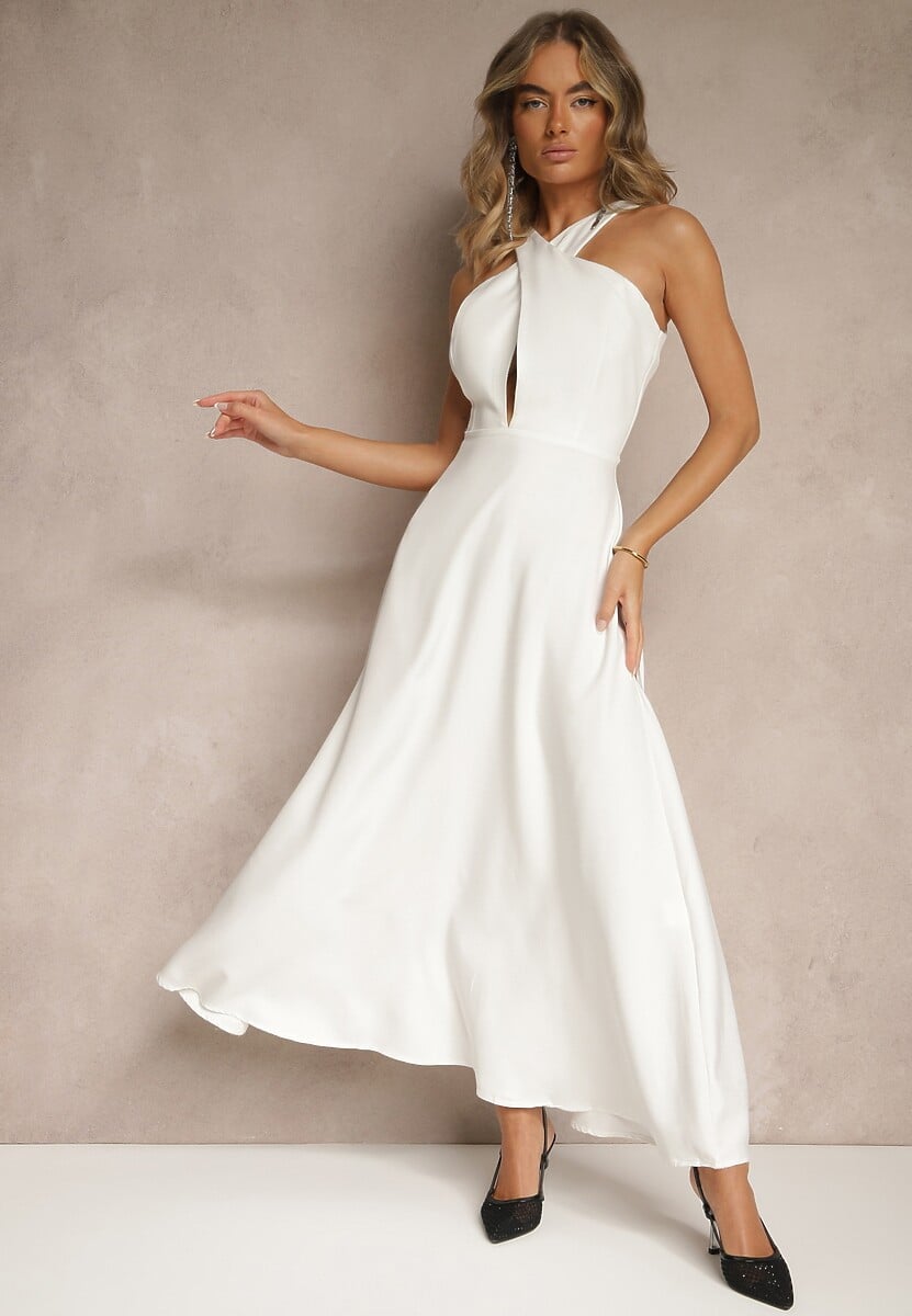 Żółta Koktajlowa Sukienka z Wiskozą i Dekoltem Halter Dolmanna