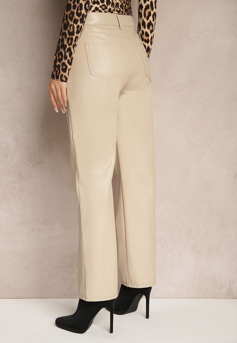 Beżowe Spodnie z Ekoskóry o Prostym Kroju High Waist Arivra
