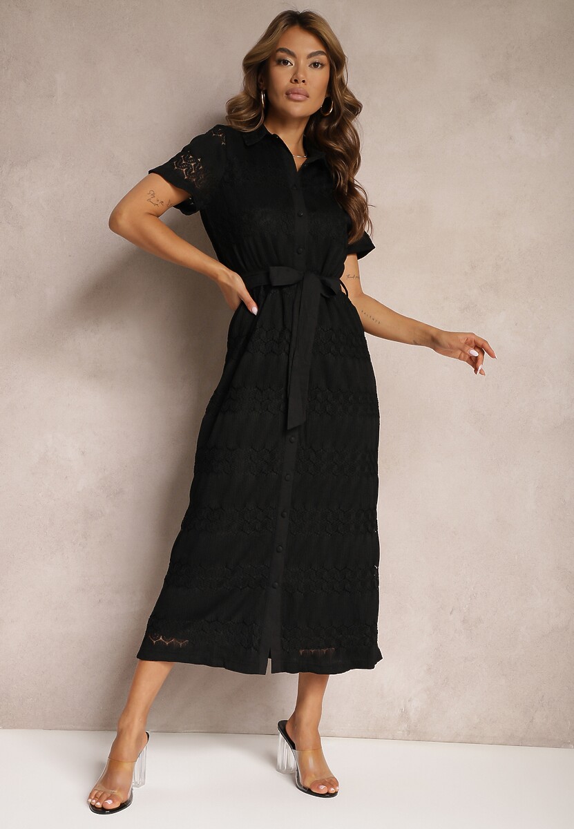 Czarna Sukienka o Koszulowym Kroju Zapinana na Guziki z Paskiem Galavia