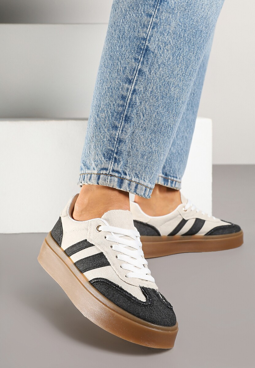 Czarno-Beżowe Sneakersy Tenisówki na Kauczukowej Podeszwie Ardisora