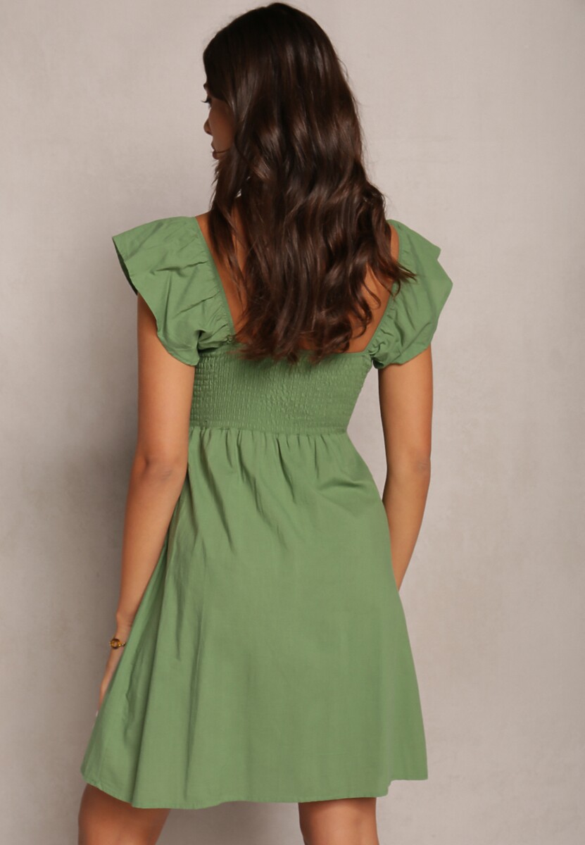 Ciemnozielona Rozkloszowana Bawełniana Sukienka Mini z Krótkim Rękawem i Wycięciem pod Biustem Tremael