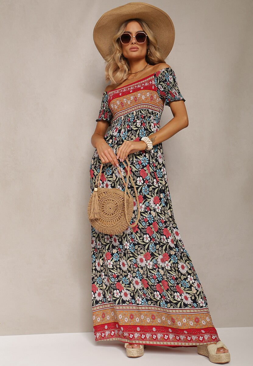 Czarno-Czerwona Sukienka z Hiszpańskim Dekoltem z Bawełny w Kwiaty Jenefera