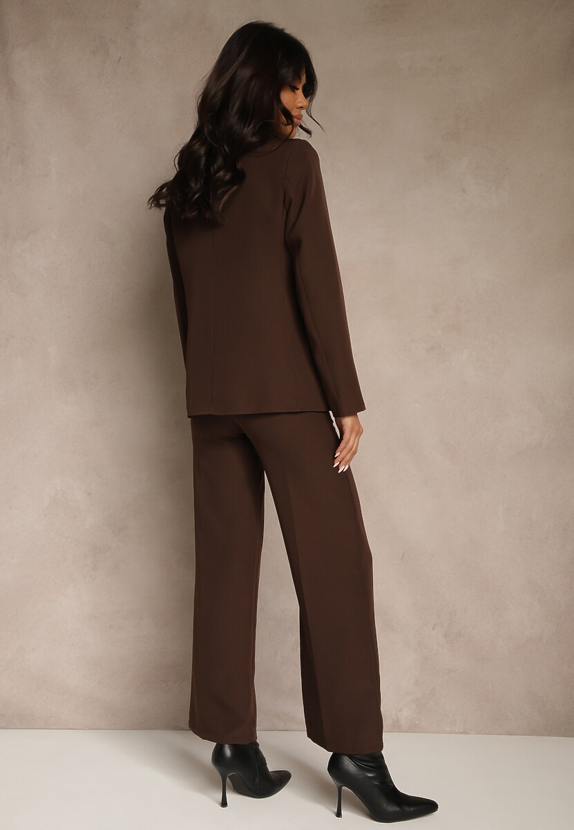 Brązowy Komplet Garniturowy z Wiskozą Spodnie Wide Leg i Marynarka na Guzik Tevrina