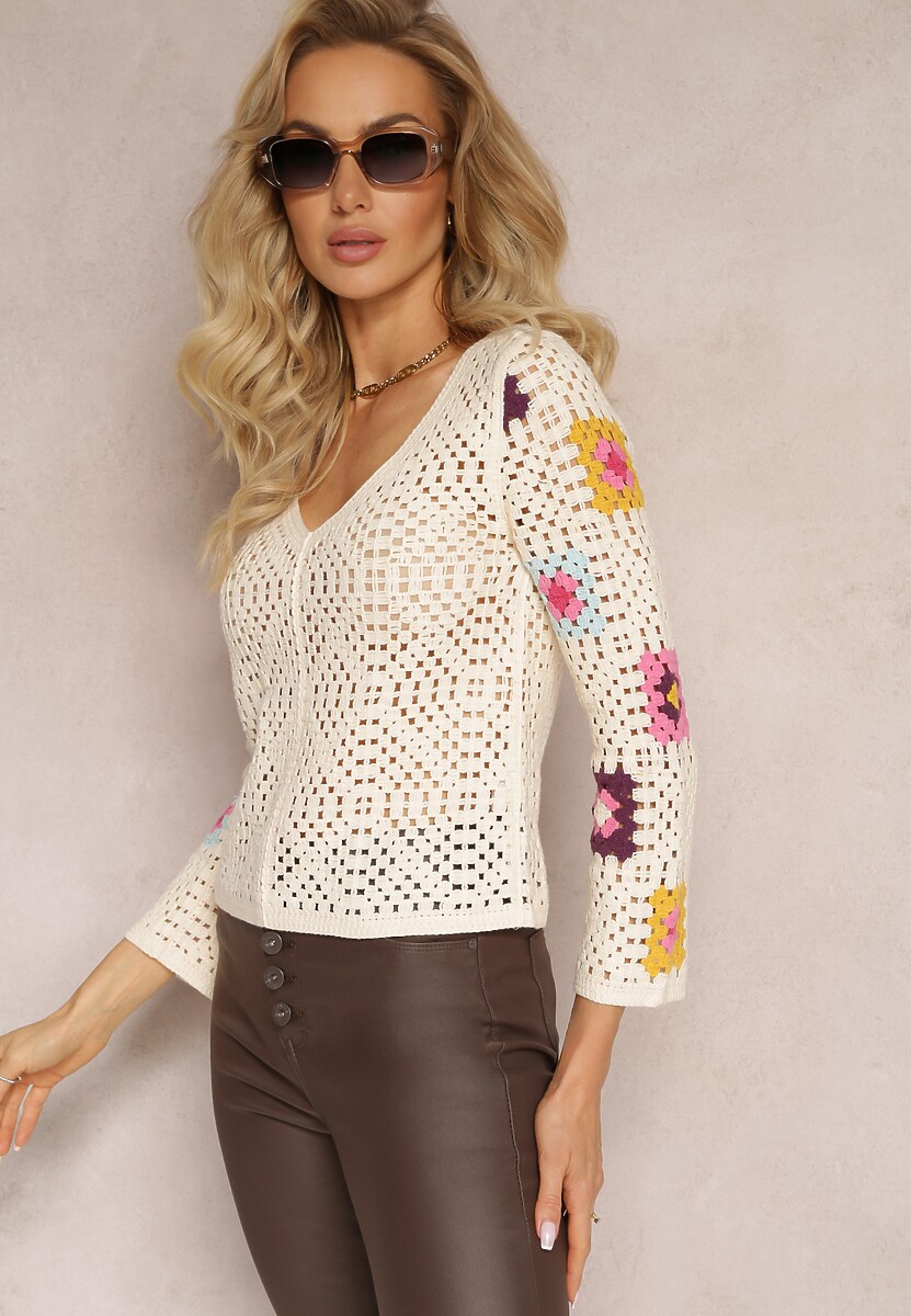 Beżowa Ażurowa Bluzka z Długim Rękawem Jenaviva