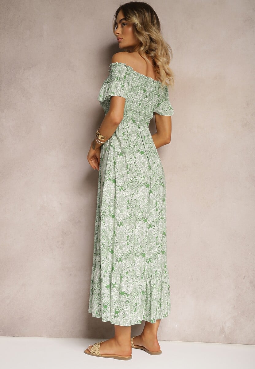 Zielona Bawełniana Sukienka o Fasonie Hiszpanki z Lekką Falbaną Risalins