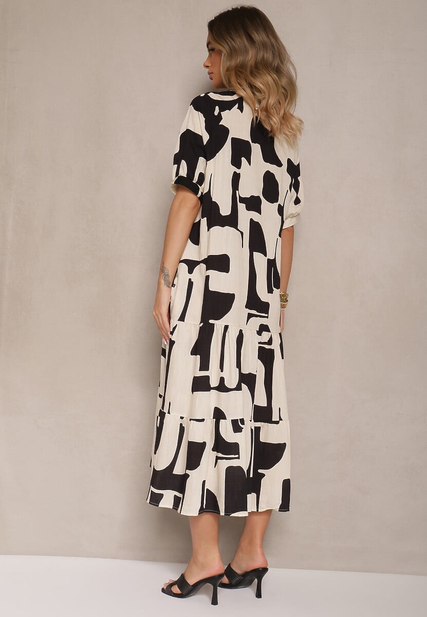 Czarna Sukienka z Wiskozy Ozdobiona Geometrycznym Motywem Filorea